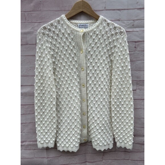 Vintage 60’s Women’s MCM Textured Pearl Cardigan L/XL Cottagecore Modest - Picture 3 of 8